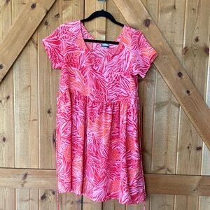 Manuhealii Pink & Coral Tropical Print Short Sleeve Dress